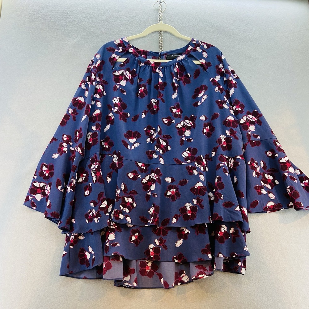 Lane Bryant Peplum‎ Top Plus SZ 26 Purple Floral Print with Bell Sleeves Peasant - Picture 2 of 9